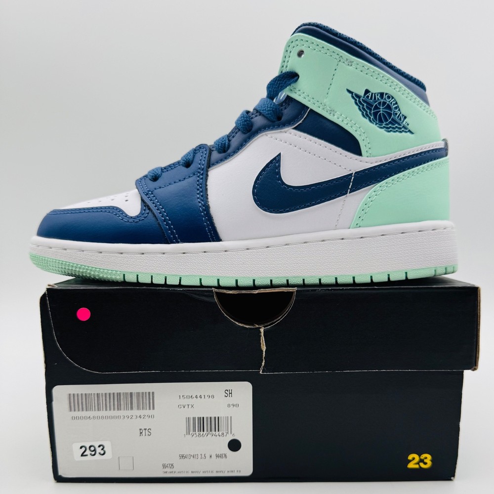 Nike Air Jordan 1 Mid (GS) Navy Mint Basketball 554725-413 Size 3.5Y = Women’s 5