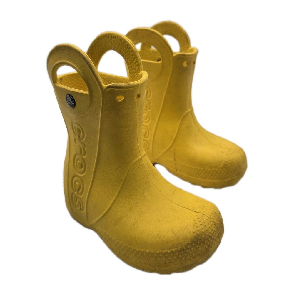 Crocs Little Kid’s Sz C9 Easy On Off Handle Waterproof Yellow Rain & Mud Boots