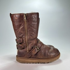 UGG Kaila Toast Brown Mid Calf Side Zip Shearling Lined Winter Boots Youth Sz 3