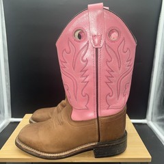OLD WEST Brown Pink Leather Square Toe Cowboy Boots Youth SZ 1.0 D Style BSC1839
