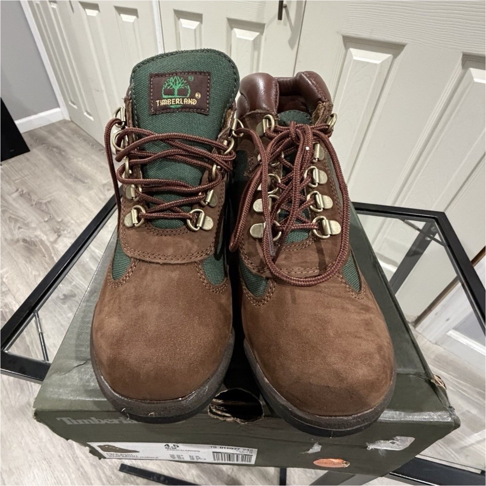 Timberland Field Boot L/F Mid Nubuck Dark Brown Green Unisex Kids 4.5 Bootie