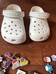 Classic White Crocs Slides Clogs Sandals Size J6 with Lots of Charms Great Cond