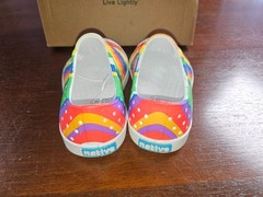 Native Jefferson Sugarlite Shell White/Rainbow Multi Stripe slip-on shoes Sz C7