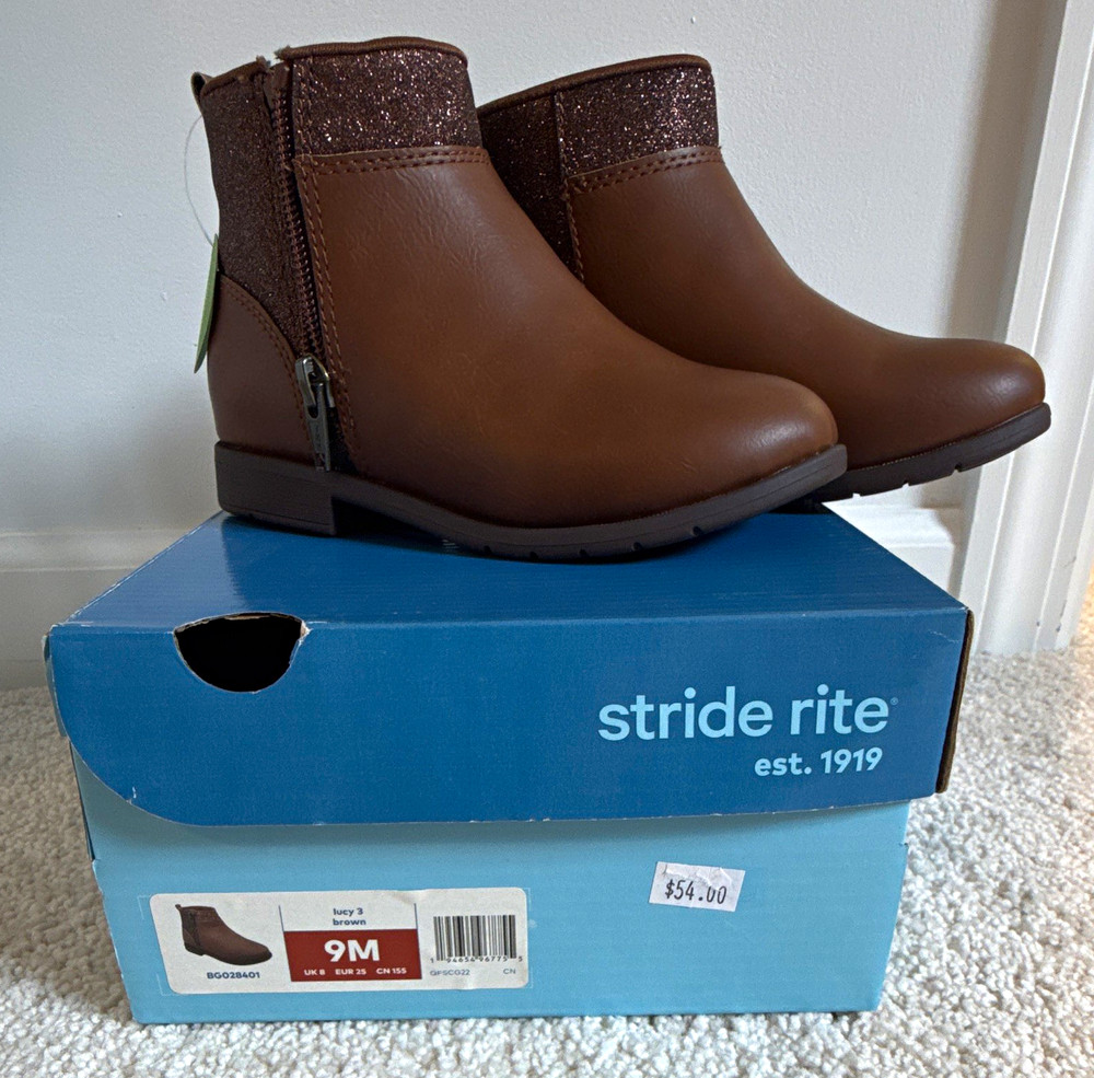 Stride Rite Lucy 3 Brown Faux Leather Ankle Boots Zip Glitter Kids 9M EU25