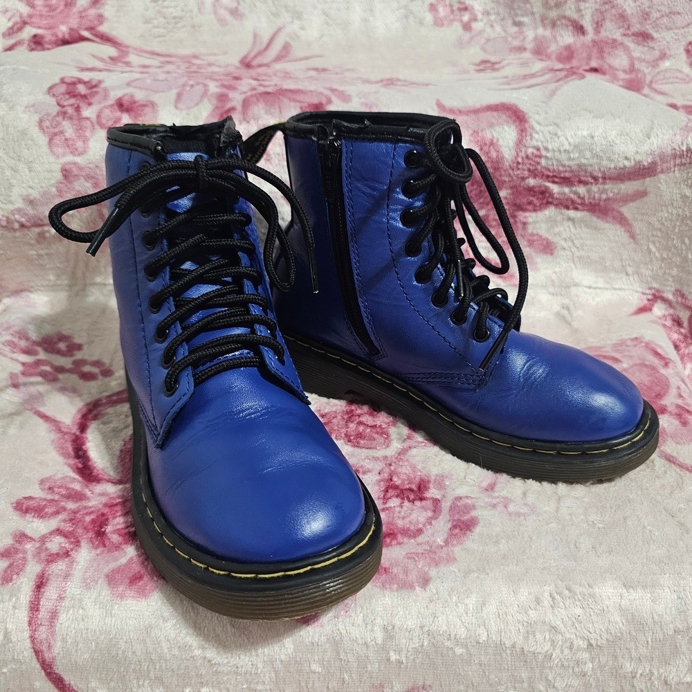 Dr. Martens Delaney Blue Leather Lace Up Side Zip Combat Boots Kids US 1 AW004