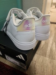 Adidas Kids Size 3 Grand Court 2.0 EL K Tennis Shoes White GY2327 Iridescent