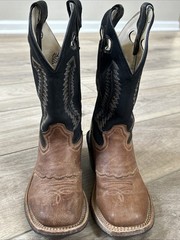 Old West Youth Broad Square Toe Western Cowboy Leather Boots Black & Brown Sz 13