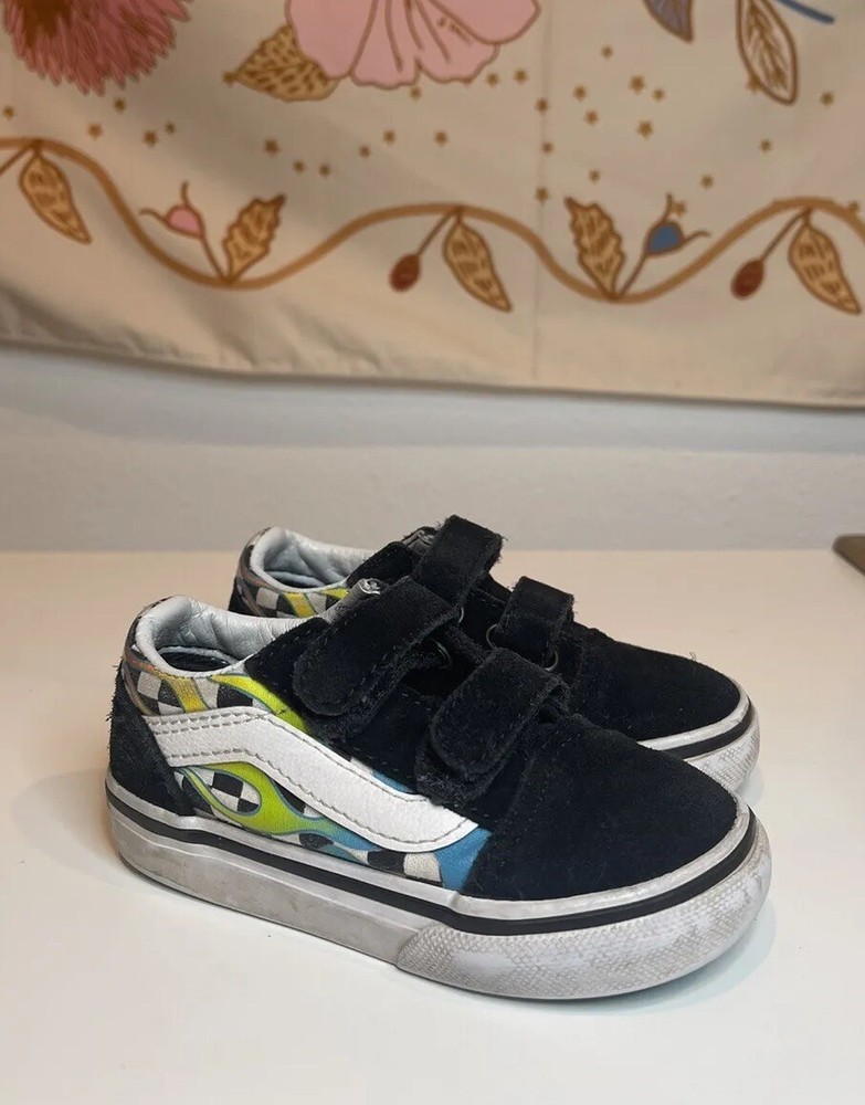 Vans Old Skool V Surf Flames Skate Shoes Scuba Blue Black Suede Canvas Kids Sz 6