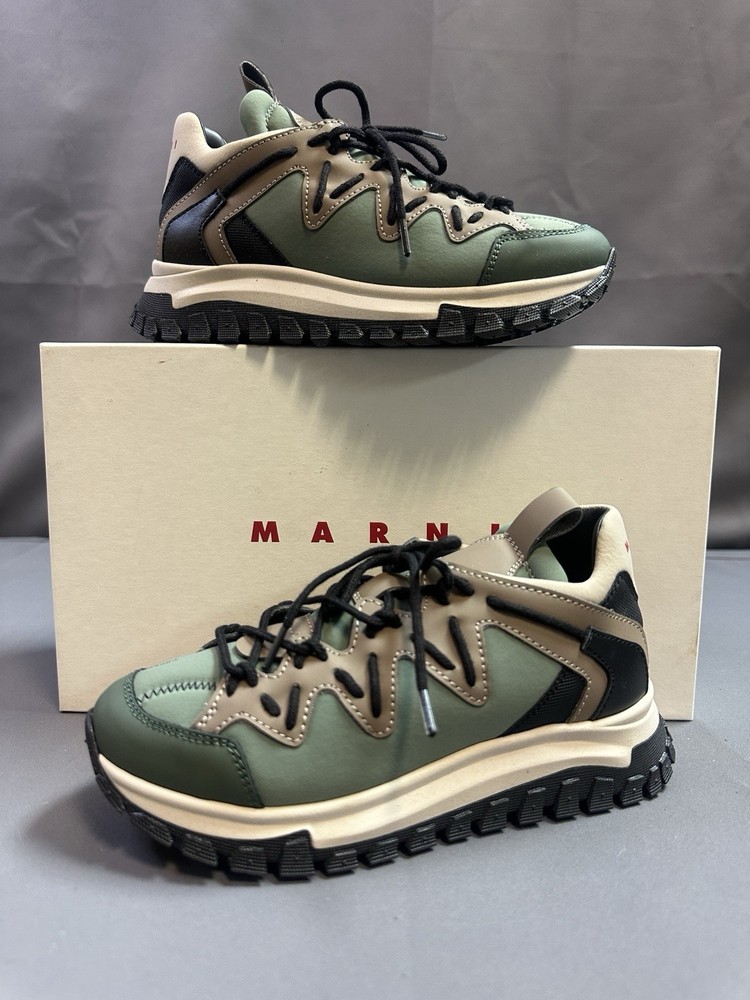 New Marni Kids Panel-Design Hiking-Style Sneakers Nakai Army Green/Beige – 13.5