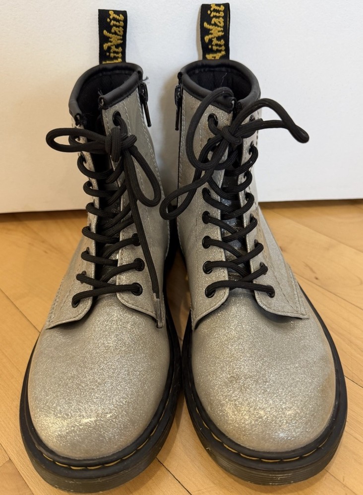 Dr. Martens Kids 1460J Glitter Silver Combat Boots US Size 3 Big Kid Docs EUC