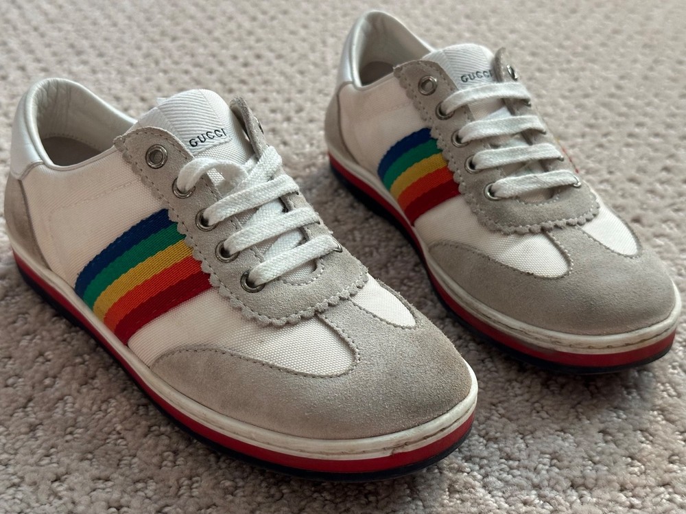 Gucci Kids Rainbow Web Sneakers Off-White Suede Canvas Made in Italy EU 30 US 12
