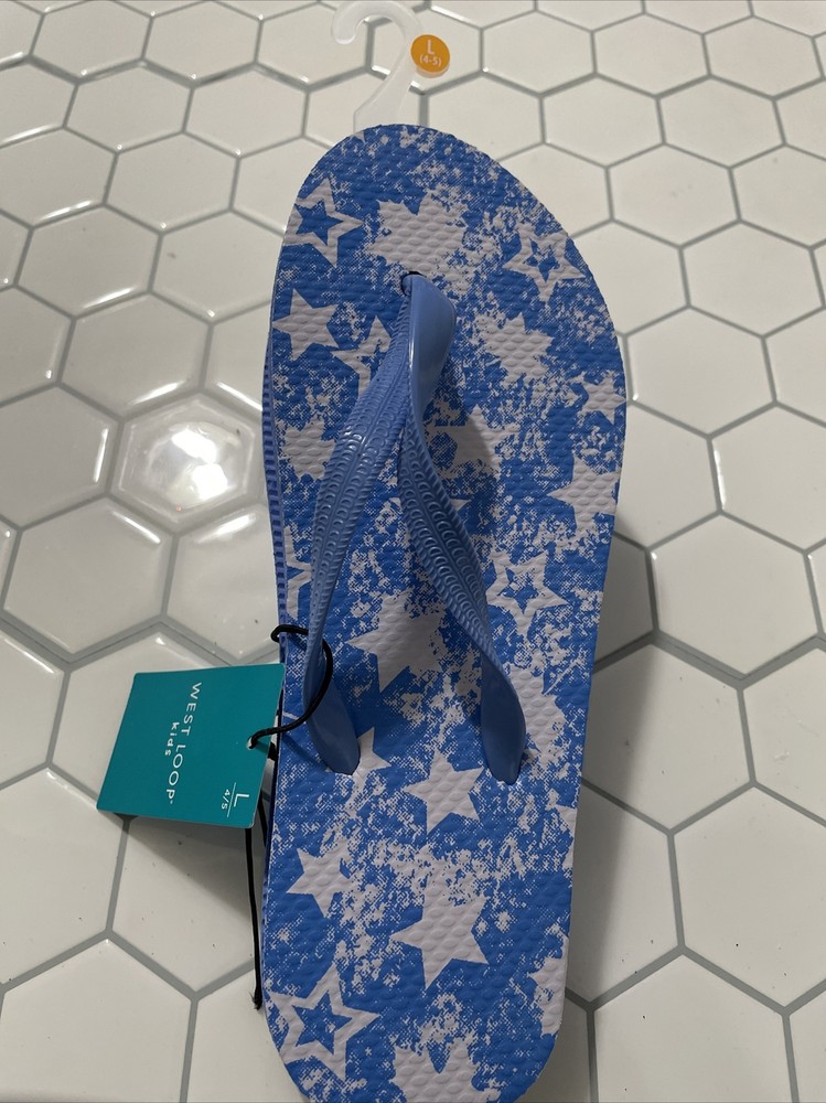 West Loop Kids Flip Flop Blue White Stars Size Large 4/5 Thong Shower Sandal