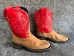 J.B. Dillon Kids Size 4.5 Tan & Red Leather Square Toe Western Cowboy Boots