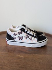 Vans Old Skool Checkerboard Skate Shoe Little Kid Black/White/Butterflies Sz 12