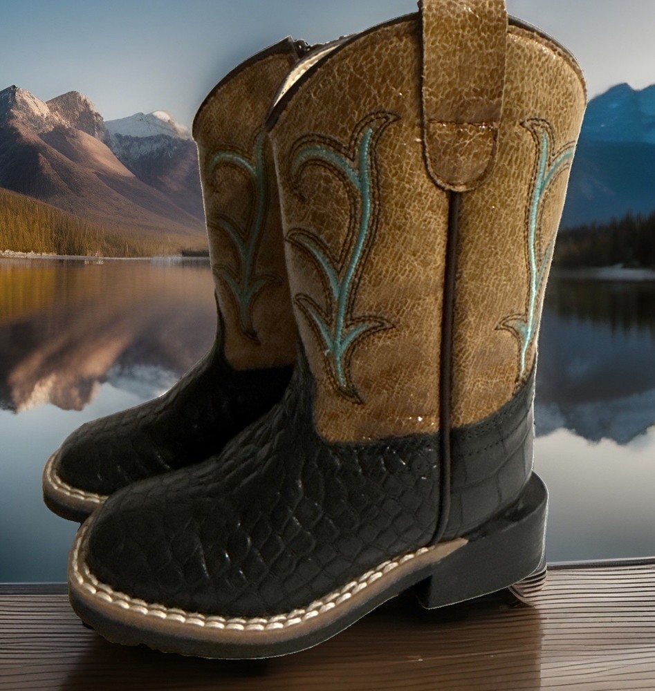 Old West Alligator Print Western Toddler Boots Size 5.5-D Black Brown EUC Cute!
