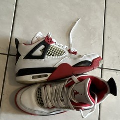 Nike Air Jordan 4 Retro White Red Black Leather Kids Sneakers 4Y
