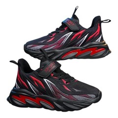 Black Red Unisex Kids Sneaker Athletic Mesh Hook & Loop Lace Up Flat Shoe