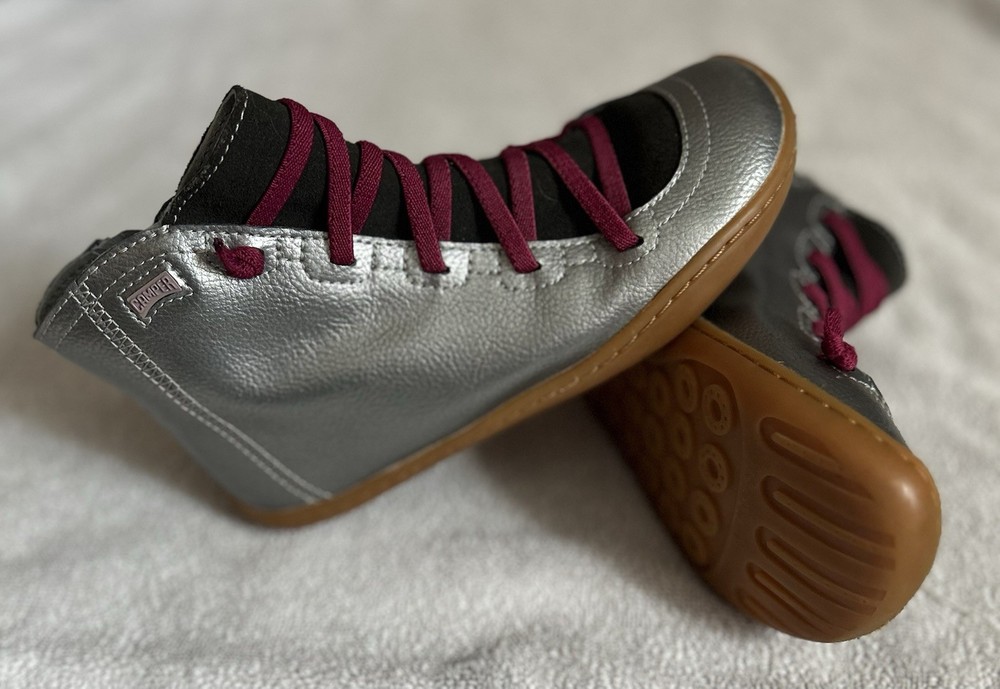 Camper Peu Kids EU 31 Silver Leather Ankle Sneakers Breathable Lace-Up