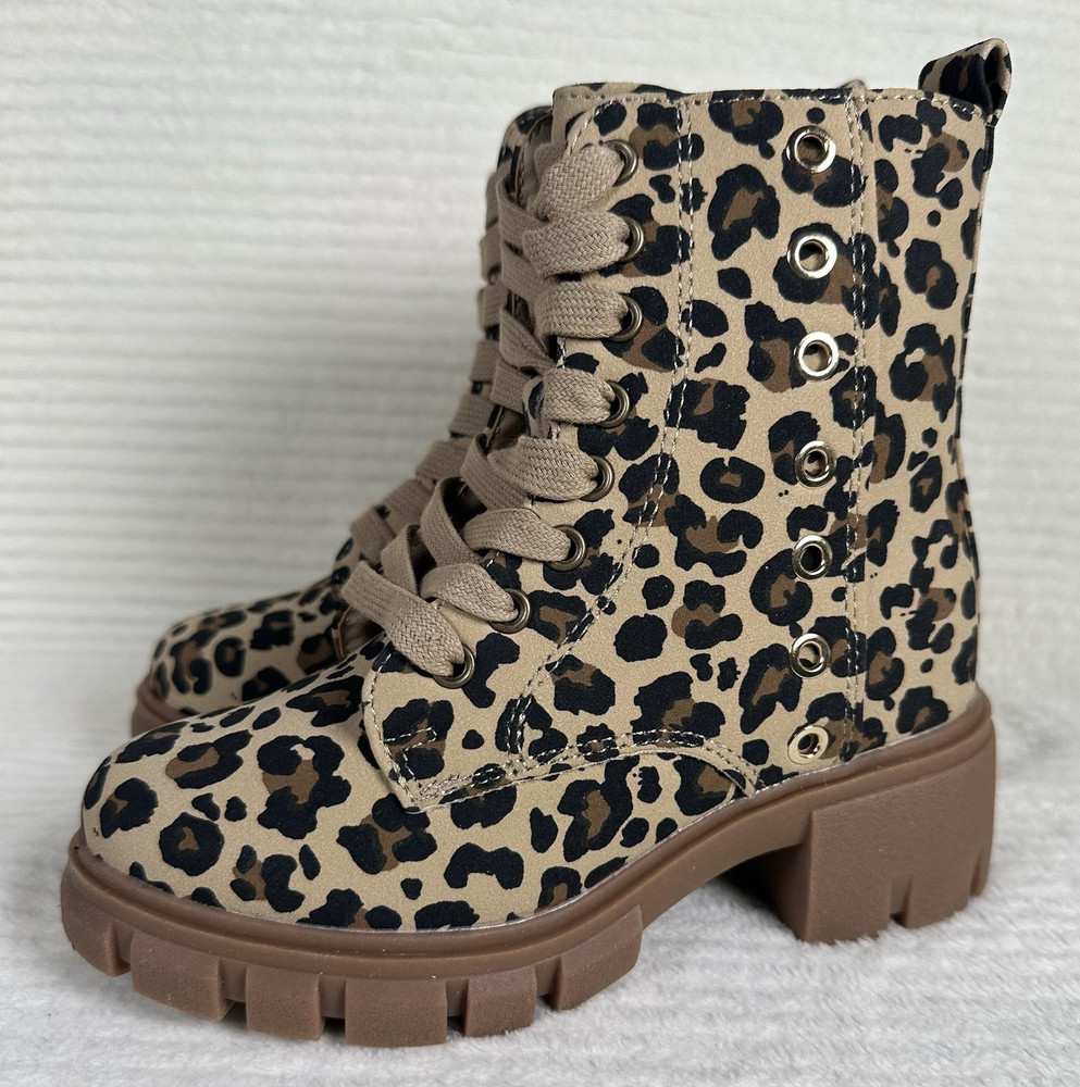 thereabouts TH Blakely Leopard Lace-Up Ankle Combat Boots Side Zipper Kids 12M
