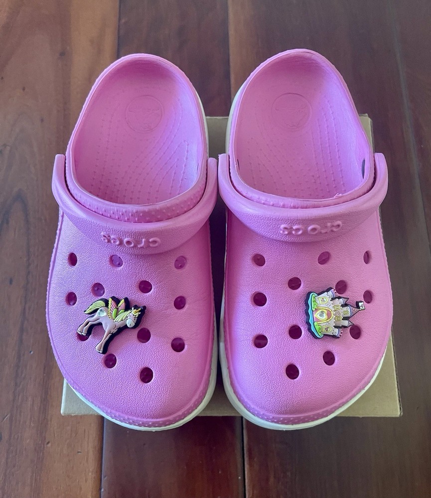 Crocs Classic Clog Pink Unicorn Charms Slip On Lightweight Kids US 12 Rubber