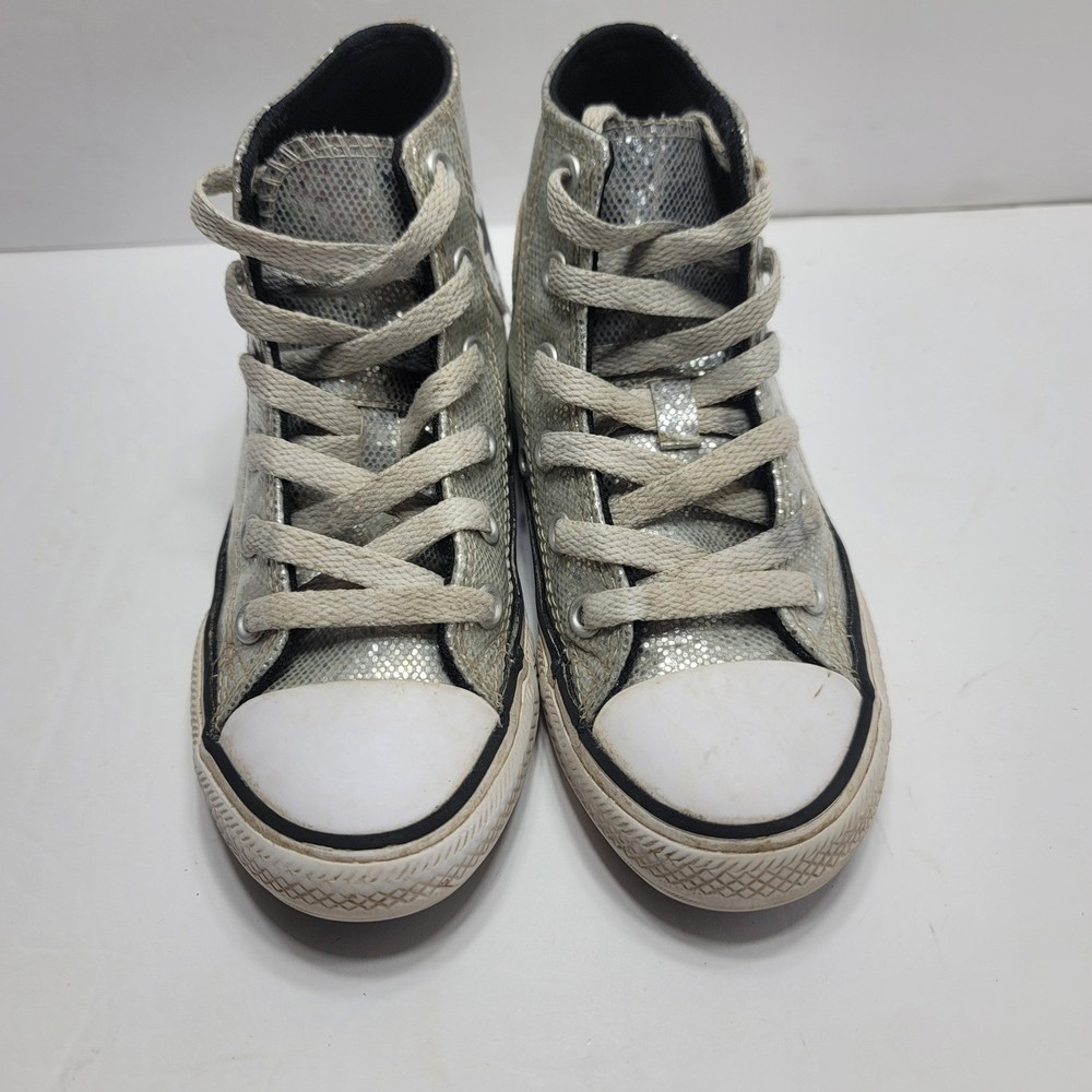 Converse Chuck Taylor All Star High Top Silver Glitter Youth Sneakers A01477C 11