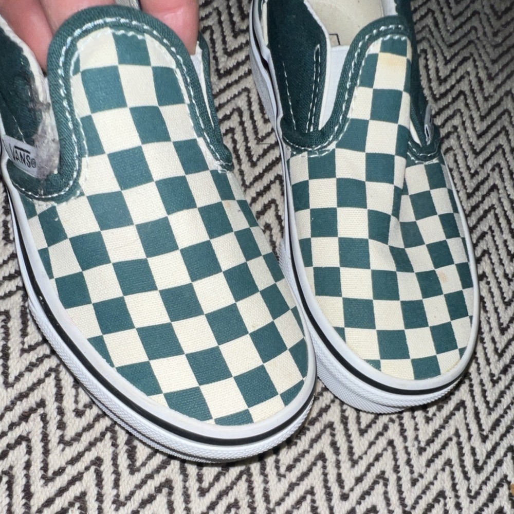 VANS Green White Slip-On Check Shoes Unisex Kids Size 12 EU 29 Classic