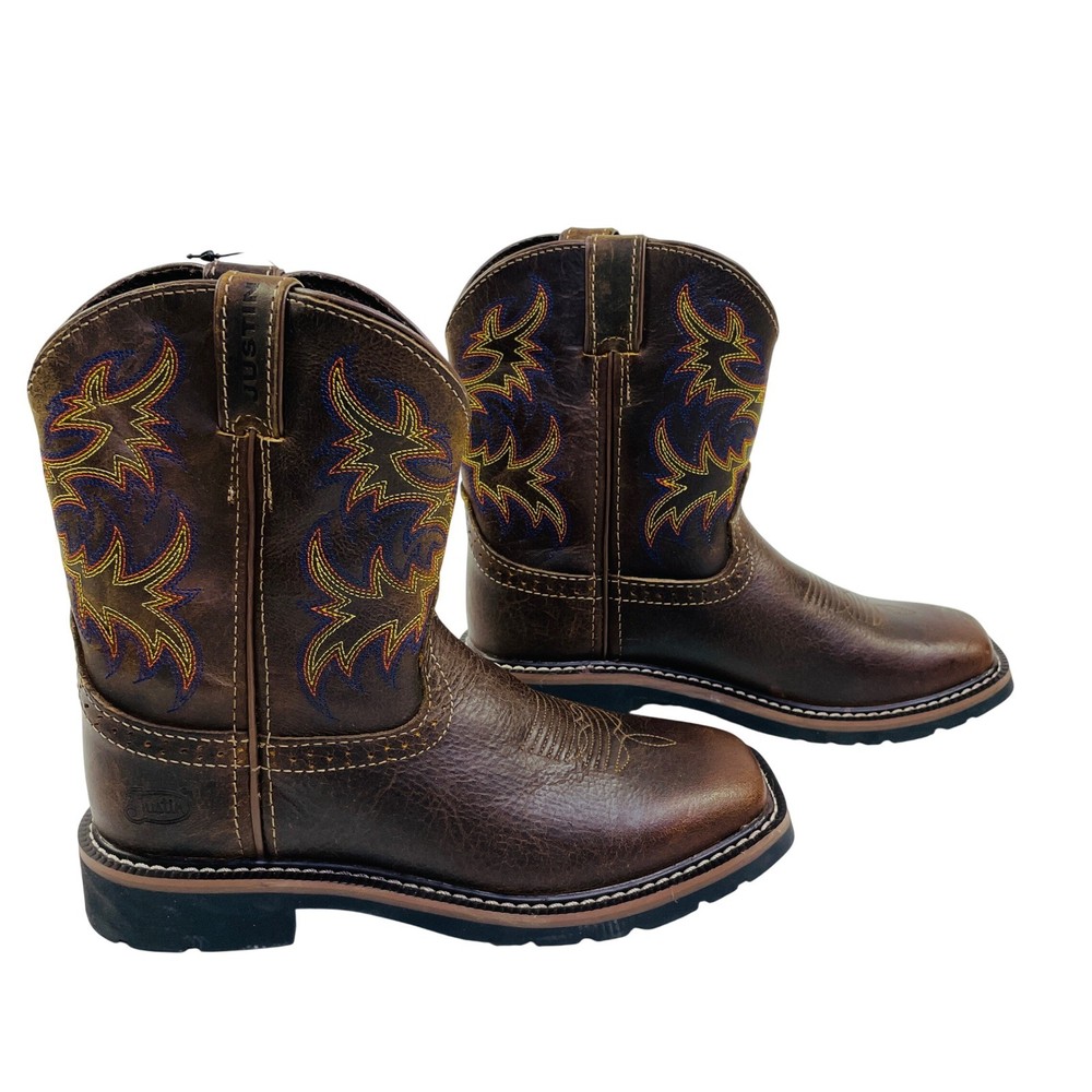 Justin Kids Brown Leather Square Toe Western Work Boots 4681JR Size 3 D
