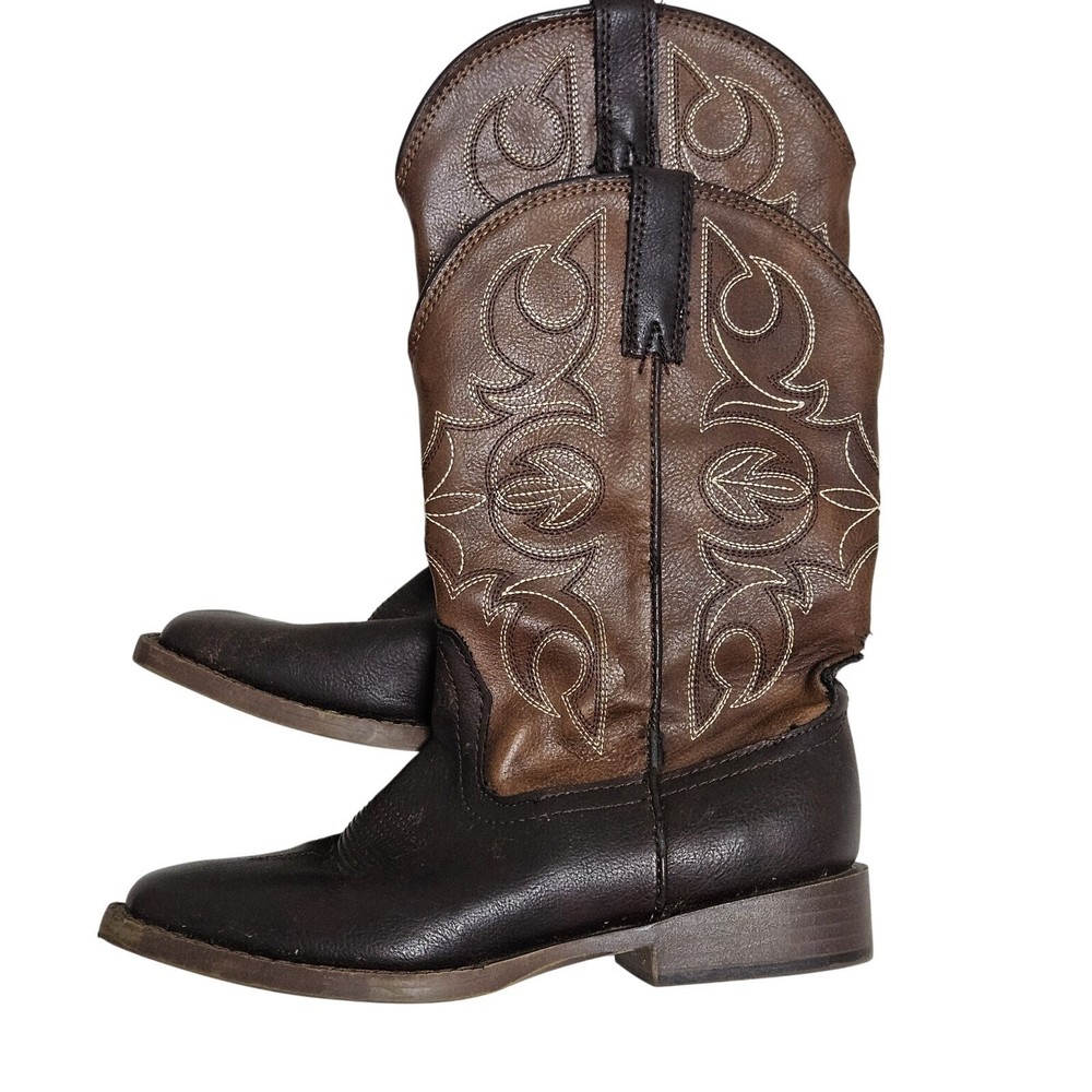 Roper Cowboy Boots Kids Size 2 Brown Faux Leather Square Toe Western Stitching
