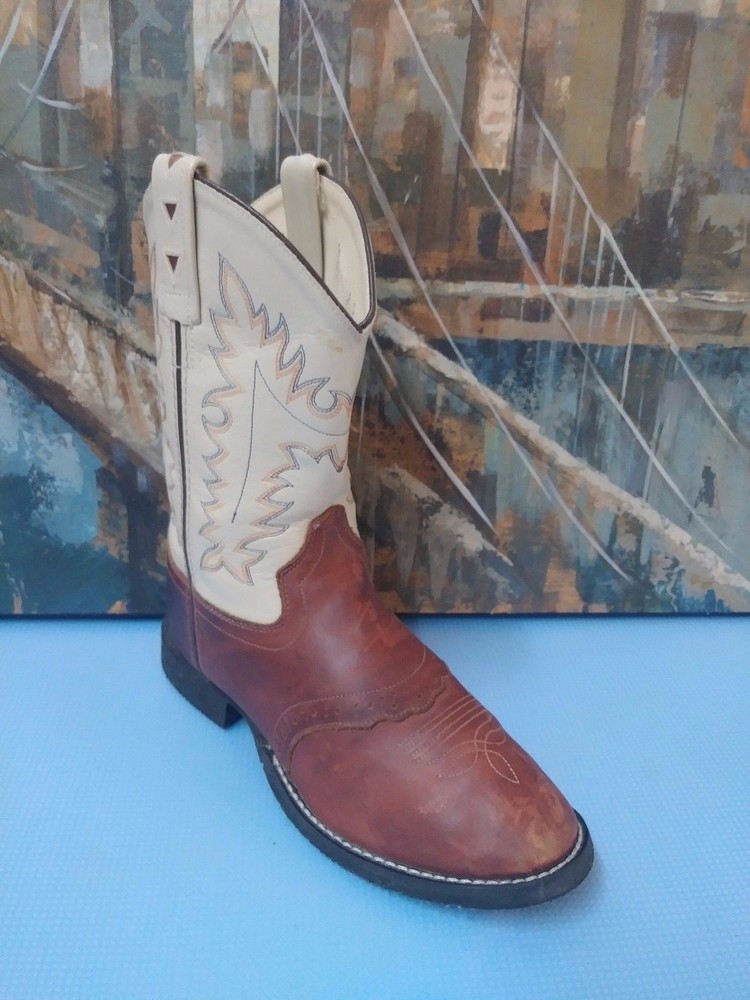 Old West 12122012 Leather Cowboy Boots Brown/Tan Cream Stitching Youth Sz 5