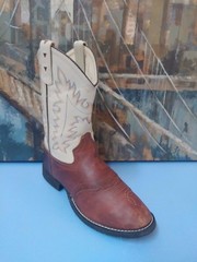 Old West 12122012 Leather Cowboy Boots Brown/Tan Cream Stitching Youth Sz 5