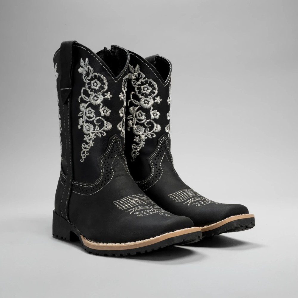 Kids Embroidered Square Toe Cowboy Boots Black Leather 6″ Shaft 1″ Heel