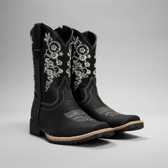 Kids Embroidered Square Toe Cowboy Boots Black Leather 6″ Shaft 1″ Heel