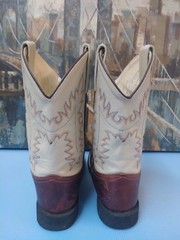 Old West 12122012 Leather Cowboy Boots Brown/Tan Cream Stitching Youth Sz 5