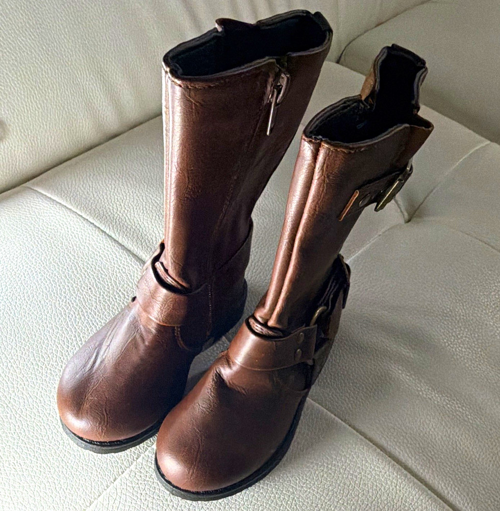 Fab Kids Brown Riding Boot Mid-Calf Zip Buckle Round Toe Kids US 7 UK6 EU23