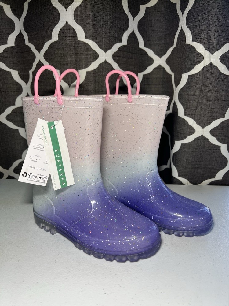 Kids Rainbow Glitter Light-Up Waterproof Rain Boots W/Handles, Kids Girls Size 3