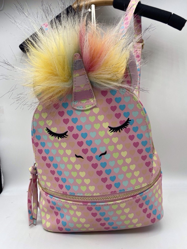 Under One Sky Unicorn Backpack 11×9 X4.5 Pink With Colorful Hearts,a Pom Pom