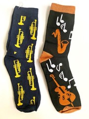 Small Size Musical Socks Trumpet Horn Blue Yellow & Saxophone Notes Black Orange