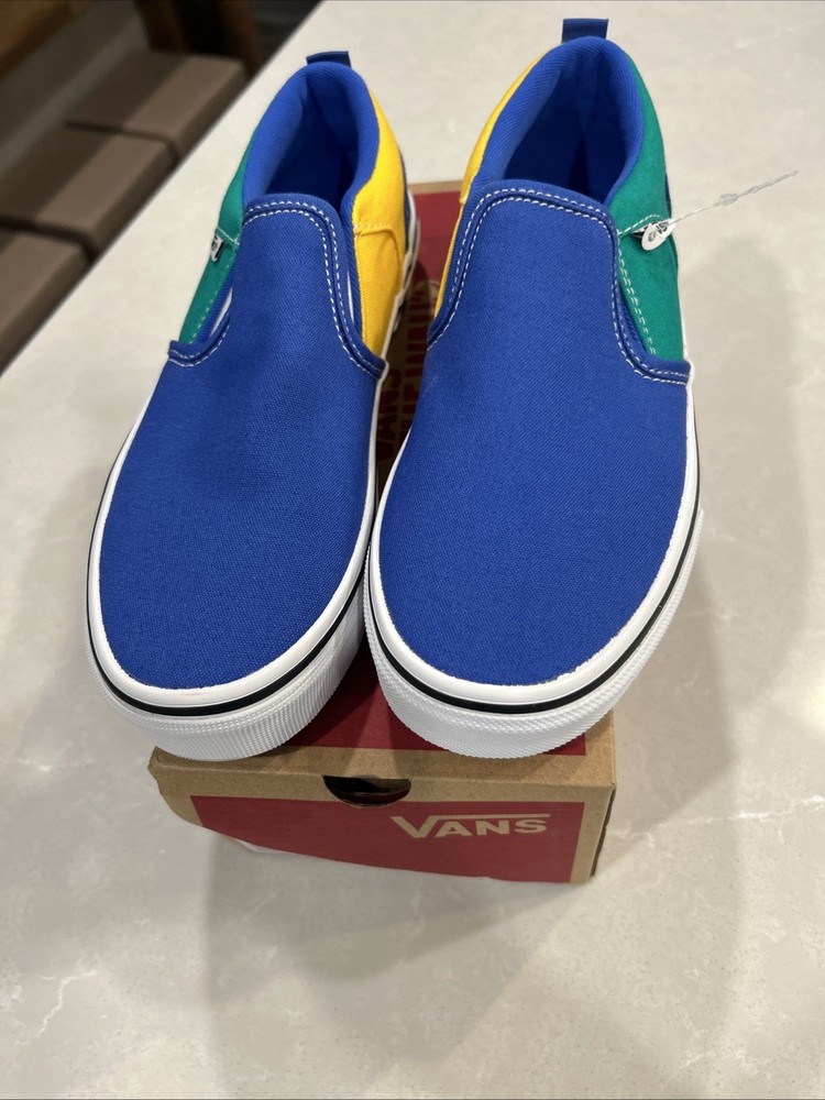 NEW VANS Primary Check Youth Size 4 Slide On Slip On Shoes Blue Yellow Green