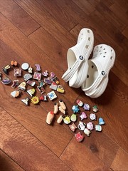 Classic White Crocs Slides Clogs Sandals Size J6 with Lots of Charms Great Cond