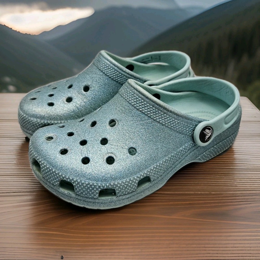 Crocs Classic Blue Glitter Size J1 Junior Clogs Shoes Sandals