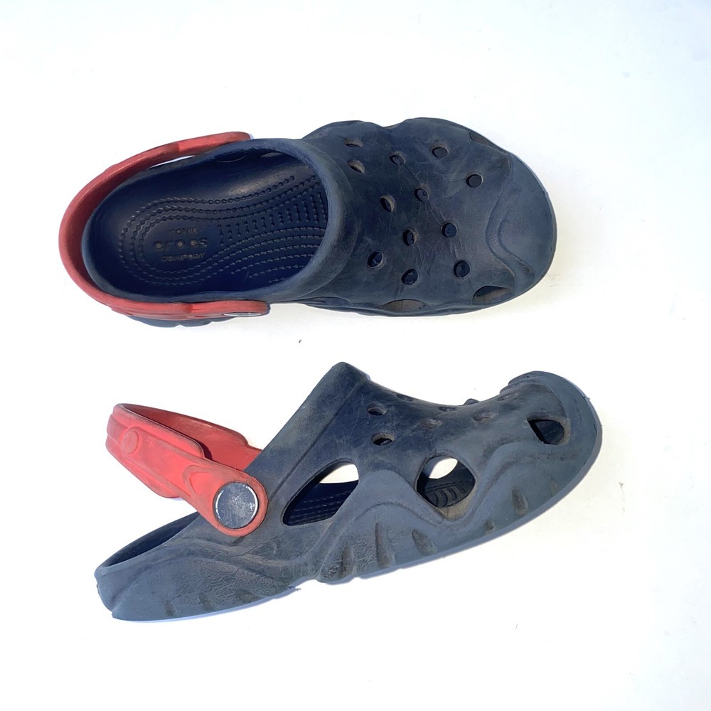CROCS Swiftwater Unisex Kids 12 Navy Blue Red Classic Waterproof Clogs Shoes *30