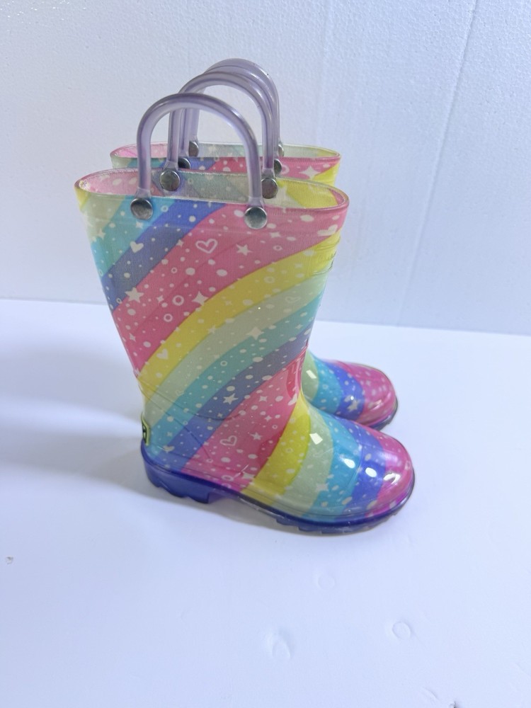 Western Chief Rain Boots Kids 7/8 Purple Rainbow Mystical Pastels PVC Pull-On