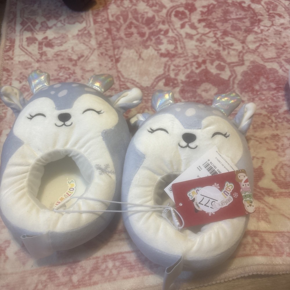 Squishmallows Blue Deer Kids Plush Slippers Silver Antlers Size 11/12 NWT