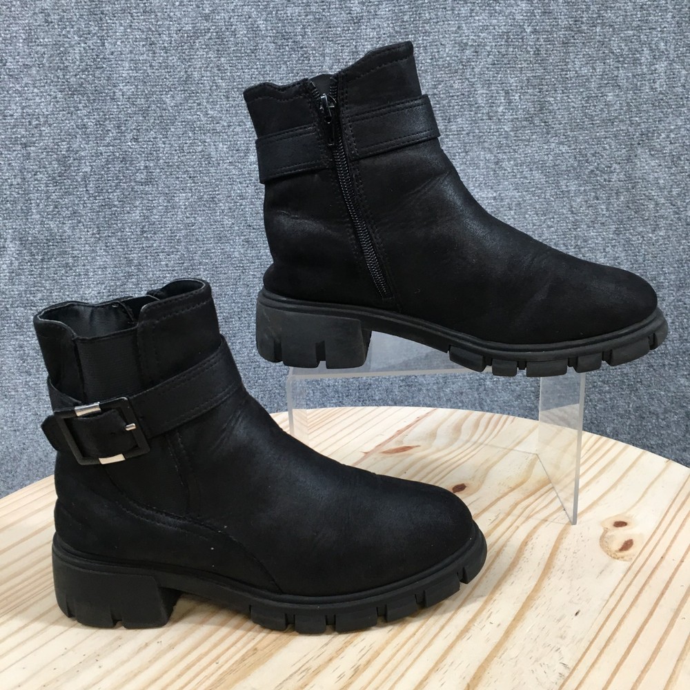 MIA Boots Youth 4 Biker Black Pull On Side Zip Buckle Block Heels Round Toe