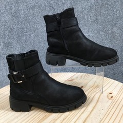 MIA Boots Youth 4 Biker Black Pull On Side Zip Buckle Block Heels Round Toe