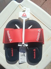 REEBOK Size 2 Black & Red ADJUSTABLE Strap MEMORY FOAM Lightweight Slides