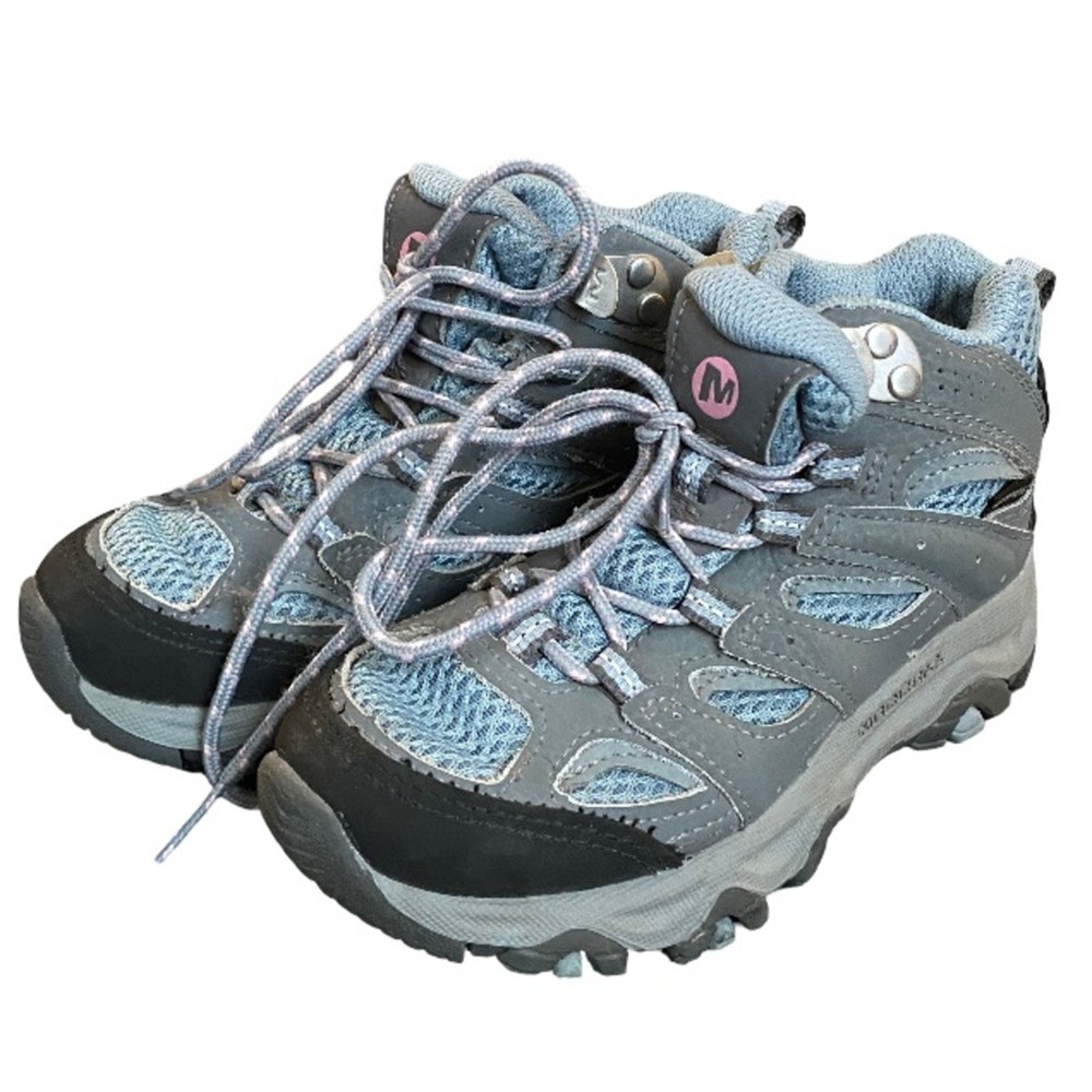Merrell Moab kids’ waterproof mid blue and grey lace up hiking boots size 11.5 M