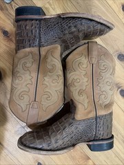 Old West Square Toe Tan Brown Leather Gator Western Cowboy Boots Boys Youth 4.5