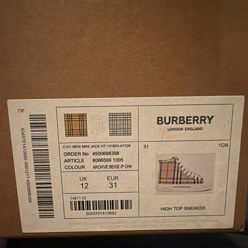 Authentic Burberry New Mini Jack Kids High Top Plaid Canvas Sneaker US 12 EU 31