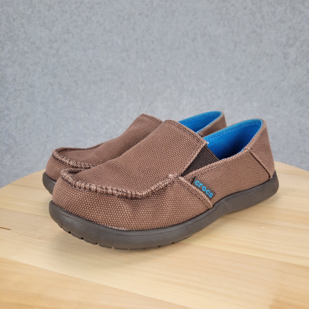 Crocs Santa Cruz Kids Brown Canvas Slip On Loafers Shoes 15576 Size J2